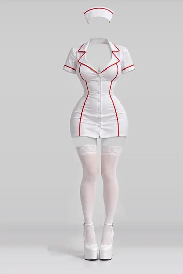 AI 生成服装参考图 SXY-0006:性感,白、迷你、连衣裙、红、长筒袜、高跟鞋
