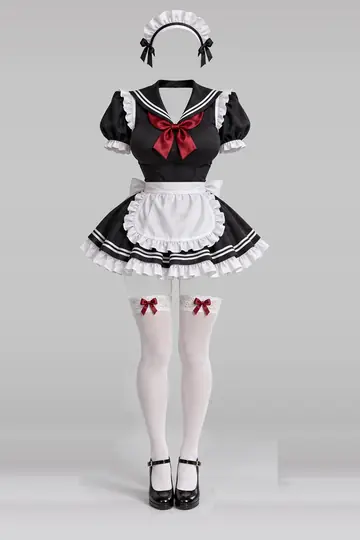 AI 生成服装参考图 SXY-0009:性感,黑、连衣裙、红、缎带、白、荷叶边