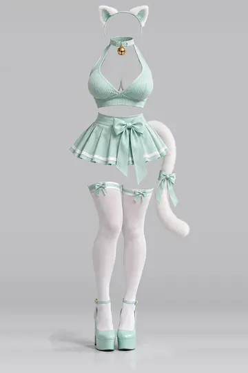AI 生成服装参考图 SXY-0013:性感,薄荷绿、颈链、缎带、迷你、半身裙、发箍