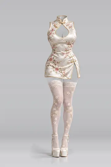 AI 生成服装参考图 SXY-0016：性感，象牙白、缎面、迷你、连衣裙、花卉、长筒袜