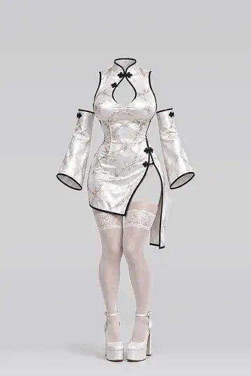 AI 生成服装参考图 SXY-0019:性感,白、连衣裙、黑、长筒袜、高跟鞋