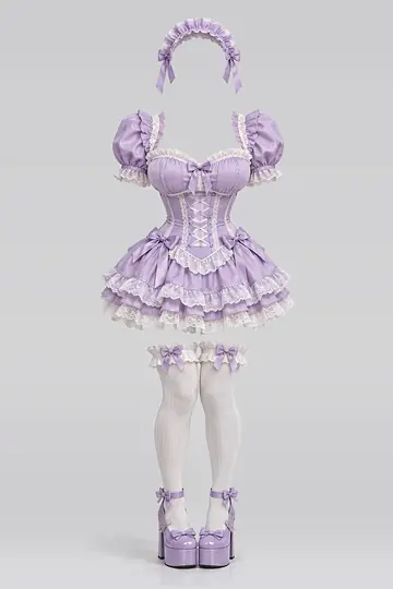AI 生成服装参考图 SXY-0020:性感,薰衣草紫、迷你、连衣裙、束身衣、蕾丝、荷叶边