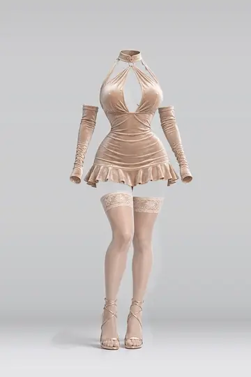 AI 生成服装参考图 SXY-0023：性感，米色、天鹅绒、迷你、连衣裙、长筒袜、高跟鞋