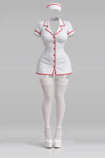 AI 生成服装参考图 SXY-0025:性感,白、迷你、连衣裙、红、长筒袜、高跟鞋