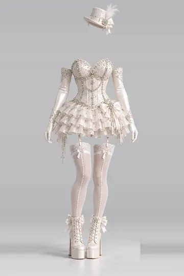 AI 生成服装参考图 SXY-0029:性感,象牙白、束身衣、迷你、连衣裙、荷叶边、半身裙