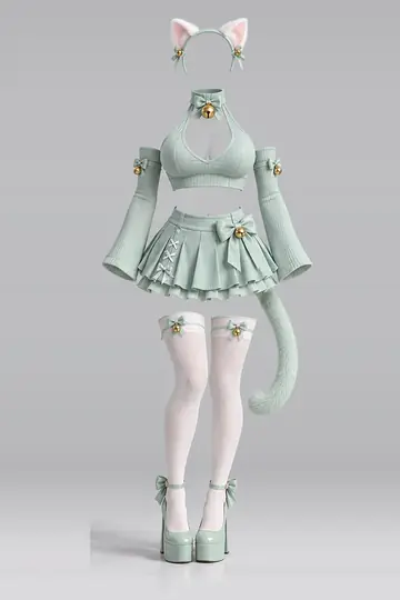 AI 生成服装参考图 SXY-0031:性感,薄荷绿、颈链、缎带、迷你、半身裙、发箍