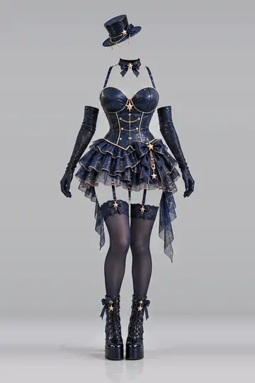 AI 生成服装参考图 SXY-0038:性感,藏青、束身衣、迷你、连衣裙、荷叶边、半身裙
