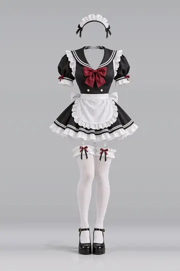 AI 生成服装参考图 SXY-0039:性感,黑、连衣裙、红、缎带、白、荷叶边