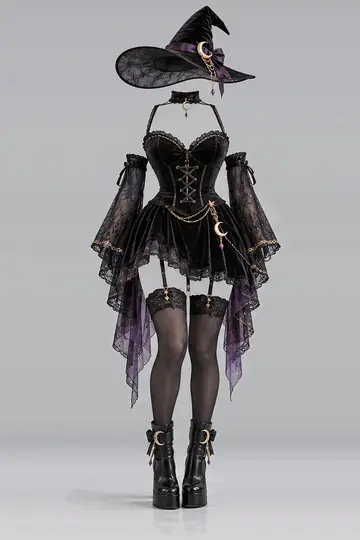 AI 生成服装参考图 SXY-0040:性感,黑、天鹅绒、束身衣、迷你、连衣裙、帽子