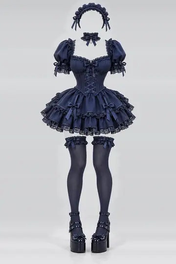 AI 生成服装参考图 SXY-0041:性感,藏青、迷你、连衣裙、束身衣、蕾丝、荷叶边