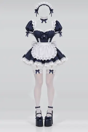 AI 生成服装参考图 SXY-0044:性感,藏青、迷你、连衣裙、白、荷叶边、围裙