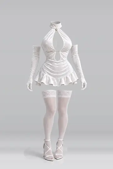 AI 生成服装参考图 SXY-0046：性感，白、天鹅绒、迷你、连衣裙、长筒袜、高跟鞋
