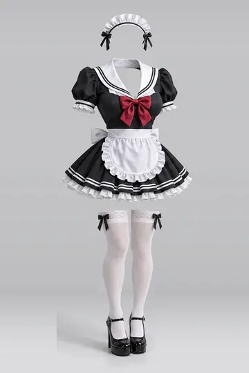 AI 生成服装参考图 SXY-0048:性感,黑、连衣裙、红、缎带、白、荷叶边