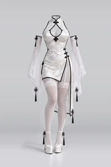 AI 生成服装参考图 SXY-0052:性感,白、连衣裙、黑、长筒袜、高跟鞋