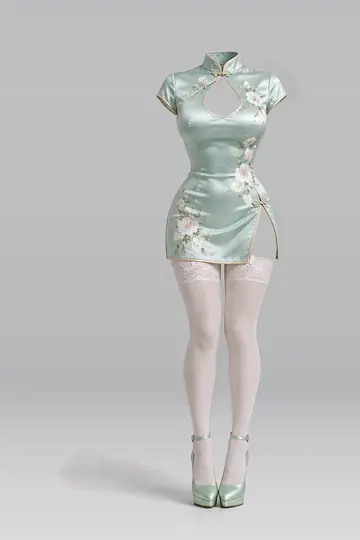 AI 生成服装参考图 SXY-0060:性感,薄荷绿、缎面、迷你、连衣裙、花卉、长筒袜