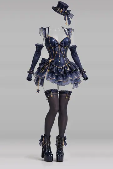 AI 生成服装参考图 SXY-0062:性感,藏青、束身衣、迷你、连衣裙、荷叶边、半身裙