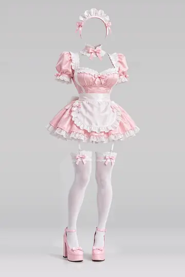 AI 生成服装参考图 SXY-0067:性感,粉、迷你、连衣裙、白、荷叶边、围裙
