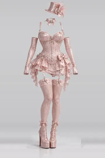 AI 生成服装参考图 SXY-0069:性感,粉、束身衣、迷你、连衣裙、荷叶边、半身裙