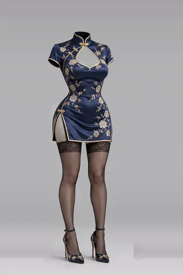 AI 生成服装参考图 SXY-0089：性感，藏青、缎面、迷你、连衣裙、花卉、长筒袜