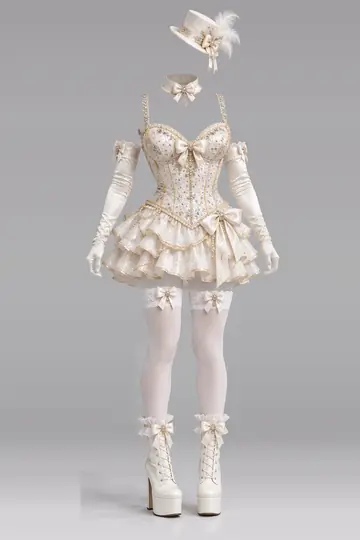 AI 生成服装参考图 SXY-0092:性感,象牙白、束身衣、迷你、连衣裙、荷叶边、半身裙