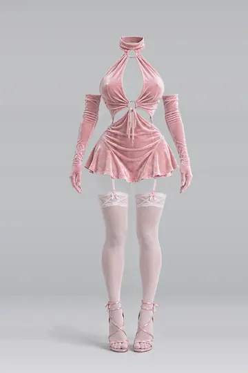 AI 生成服装参考图 SXY-0095：性感，粉、天鹅绒、迷你、连衣裙、长筒袜、高跟鞋