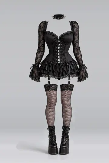 AI 生成服装参考图 SXY-0096:性感,黑、束身衣、迷你、连衣裙、荷叶边、长筒袜