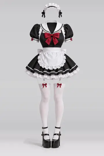 AI 生成服装参考图 SXY-0098:性感,黑、连衣裙、红、缎带、白、荷叶边