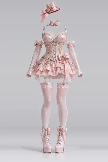 AI 生成服装参考图 SXY-0106:性感,粉、束身衣、迷你、连衣裙、荷叶边、半身裙