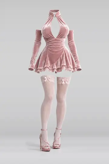 AI 生成服装参考图 SXY-0110：性感，粉、天鹅绒、迷你、连衣裙、长筒袜、高跟鞋
