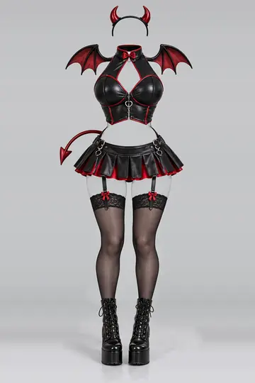 AI 生成服装参考图 SXY-0113:性感,黑、束身衣、百褶、迷你、半身裙、长筒袜