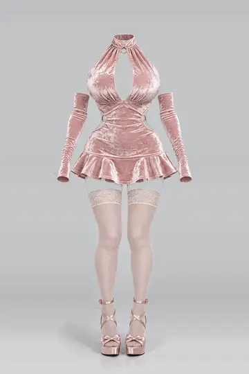 AI 生成服装参考图 SXY-0115：性感，粉、天鹅绒、迷你、连衣裙、长筒袜、高跟鞋