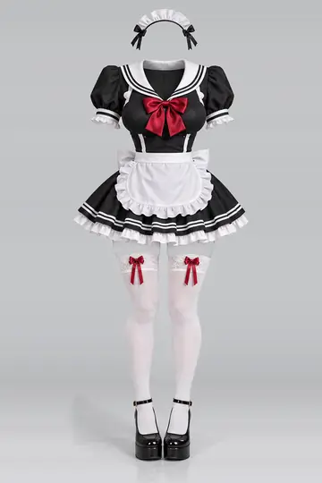 AI 生成服装参考图 SXY-0116:性感,黑、连衣裙、红、缎带、白、荷叶边