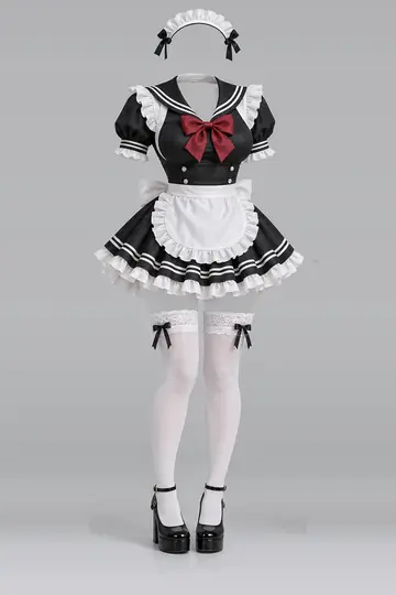 AI 生成服装参考图 SXY-0119:性感,黑、连衣裙、红、缎带、白、荷叶边