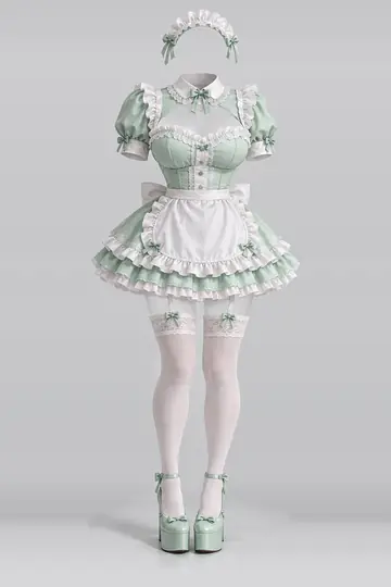AI 生成服装参考图 SXY-0125:性感,薄荷绿、迷你、连衣裙、白、荷叶边、围裙
