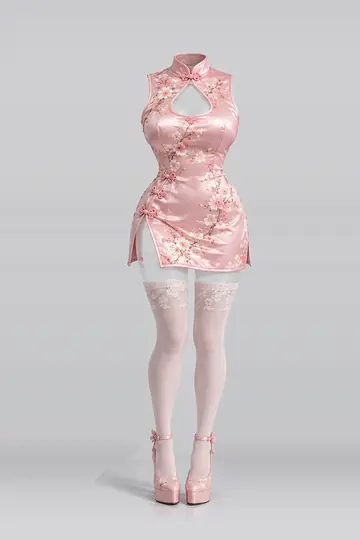 AI 生成服装参考图 SXY-0126：性感，粉、缎面、迷你、连衣裙、花卉、长筒袜