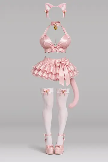 AI 生成服装参考图 SXY-0129:性感,粉、颈链、缎带、迷你、半身裙、发箍