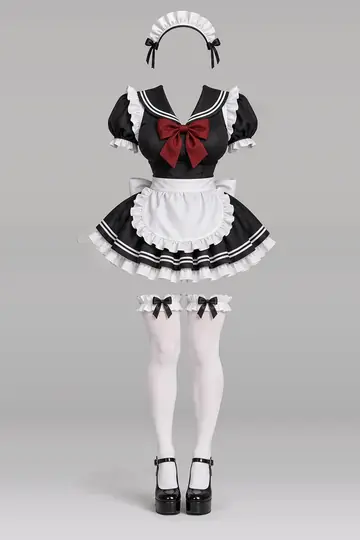 AI 生成服装参考图 SXY-0132:性感,黑、连衣裙、红、缎带、白、荷叶边