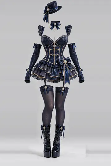 AI 生成服装参考图 SXY-0137:性感,藏青、束身衣、迷你、连衣裙、荷叶边、半身裙