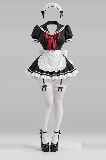 AI 生成服装参考图 SXY-0138:性感,黑、连衣裙、红、缎带、白、荷叶边