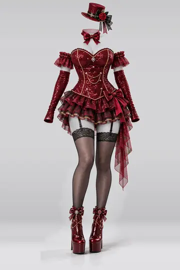 AI 生成服装参考图 SXY-0144:性感,红、束身衣、迷你、连衣裙、荷叶边、半身裙