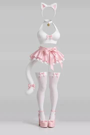 AI 生成服装参考图 SXY-0145:性感,白、颈链、缎带、迷你、半身裙、发箍