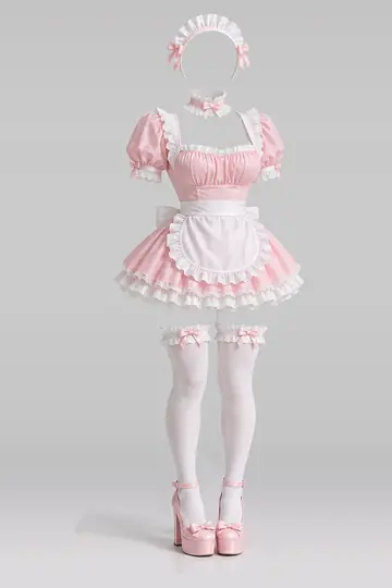 AI 生成服装参考图 SXY-0148:性感,粉、迷你、连衣裙、白、荷叶边、围裙