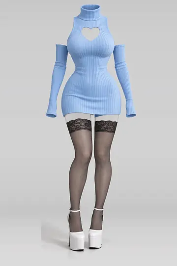 AI 生成服装参考图 SXY-0152:性感,蓝、针织、高领衫、迷你、连衣裙、长筒袜