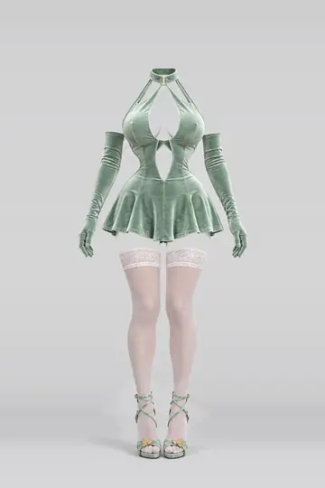 AI 生成服装参考图 SXY-0159:性感,薄荷绿、天鹅绒、迷你、连衣裙、长筒袜、高跟鞋