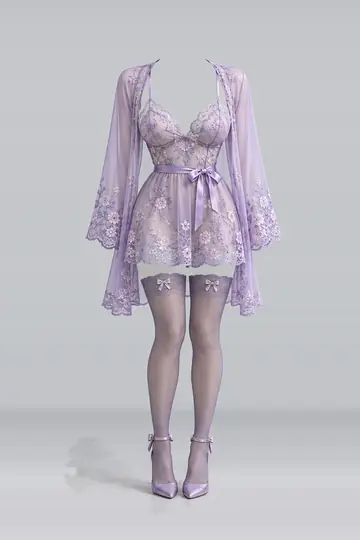 AI 生成服装参考图 LNG-0032:内衣,花卉、蕾丝、吊带衫、连衣裙、薰衣草紫、缎带
