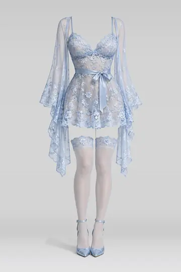 AI 生成服装参考图 LNG-0052：内衣，花卉、蕾丝、吊带衫、连衣裙、蓝、缎带