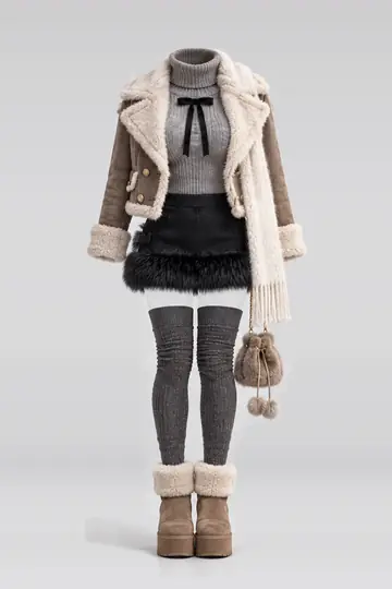 AI 生成服装参考图 WIN-0016:冬,灰、高领衫、针织、缎带、黑、毛皮