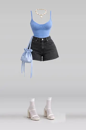 AI 生成服装参考图 SUM-0002:夏,蓝、黑、牛仔布、短裤、白、短袜