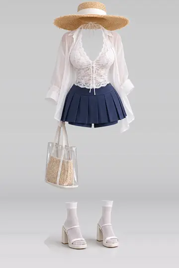 AI 生成服装参考图 SUM-0003:夏,白、蕾丝、藏青、百褶、迷你、半身裙