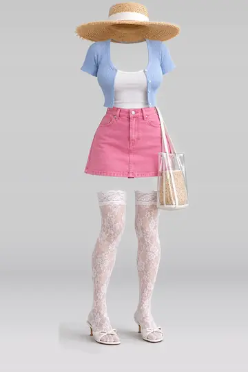 AI 生成服装参考图 SUM-0004:夏,蓝、开衫、粉、牛仔布、迷你、半身裙